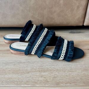 KAANAS Yassica Frayed Sandal Fringe Slip-Ons Shoes Black 6 Resort